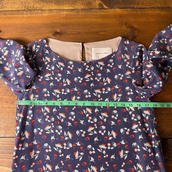 Amour Vert Navy Blue Ditsy Floral Silk Shift Dress 3/4 Sleeves Women's Small - Picture 6 of 7